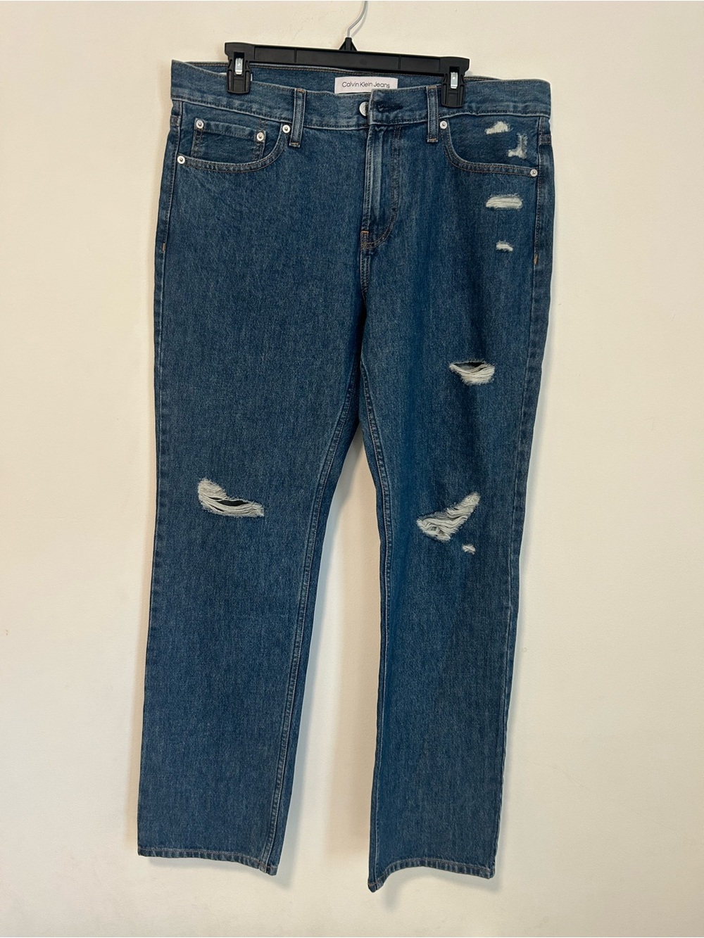 Calvin Klein Jeans Men's Distressed Dark Blue Straight Jeans